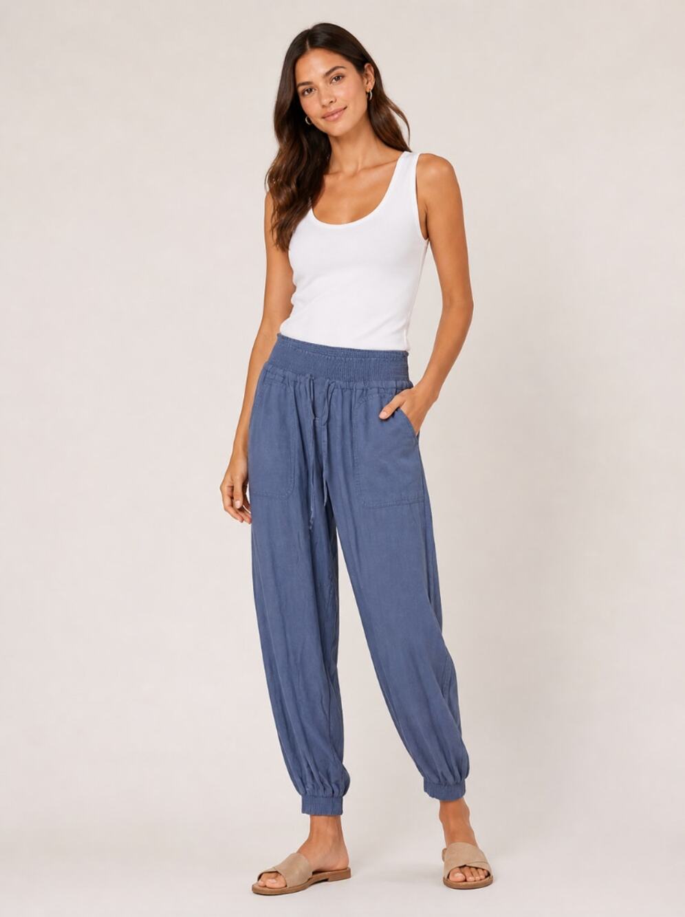 C’isa Womens Medium Blue Cotton Lagenlook Joggers Drapey Relaxed Fit Boho Casual